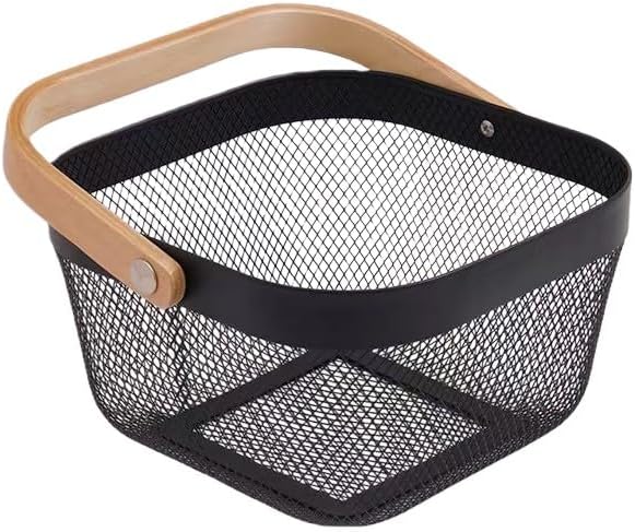 Metal Mesh Wire Basket, Mini Steel Basket with Wooden Handle Storage Organizer Basket Multi-functional Hanging Kitchen Baskets Fruit Baskets for Kitchen Bathroom Cabinet Pantry Snacks, Black