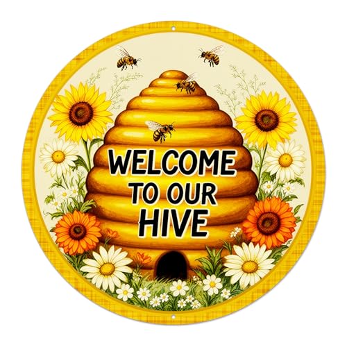Welcome to Our Hive Round Aluminum Sign Retro Sunflowers Sign for Home Farmhouse Wall - 8x8 Inch by Generic