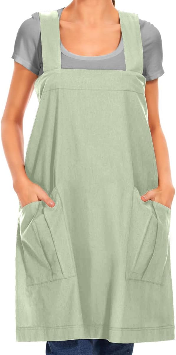 Larmliss Women's Cotton Cross Back Apron Pinafore Dress with Big Pockets Loose Square Apron for Baking Cooking Gardening