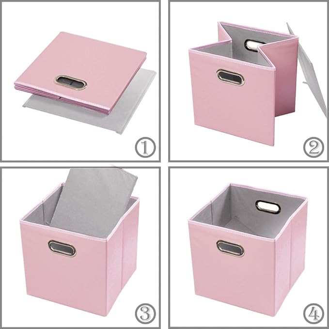 PRANDOM Leather Foldable Cube Storage Bins 13x13 inch [2-Pack] Fabric Storage Baskets Cubes Drawer with Cotton Handles Organizer for Shelves Nursery Closet Bedroom Clothes Pink