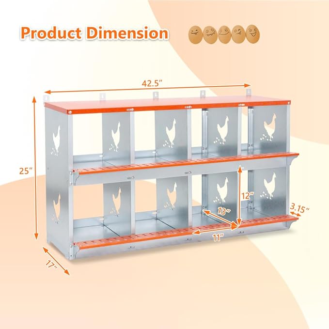 Wall-Mounted Metal Nesting Box for Chickens and Ducks – Galvanized Steel Construction with Ventilation & Easy Egg Access (8-Orange)