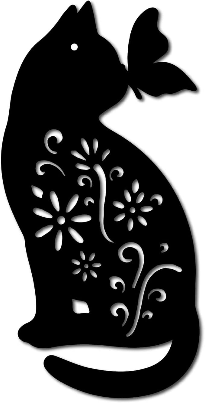 CREATCABIN Cat Metal Wall Art Animal Butterfly Decor Wall Hanging Silhouette Sculpture Ornaments Iron Sign for Indoor Outdoor Home Living Room Kitchen Garden Office Decoration Gift Black 12 x 6 Inch