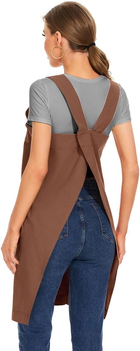 Larmliss Women's Cotton Cross Back Apron Pinafore Dress with Big Pockets Loose Square Apron for Baking Cooking Gardening