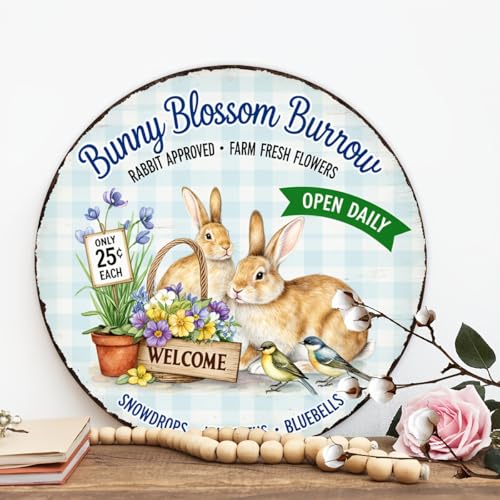 Bunny Blossom Burrow Round Aluminum Metal Sign Retro Farm Fresh Flowers Only Open Daily - 8x8 Inch - Image 5