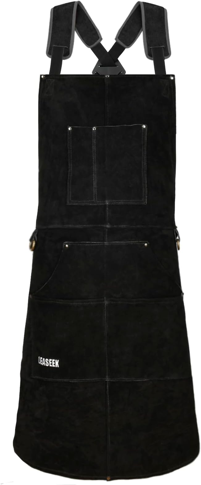LeaSeek Leather Welding Apron,Heat & Flame-Resistant Heavy Duty Work Apron with 6 Pockets,Woodworking Shop Apron