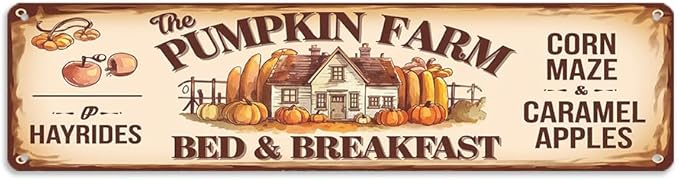 Rustic Pumpkin Farm Bed & Breakfast Metal Sign - Autumn Wall Decorative Sign - Pumpkin, Maple Leaf Design, 16x4 Inch, Vintage Sign for Kitchen, Baking Room, Farmhouse Decor, Thanksgiving Day Decor