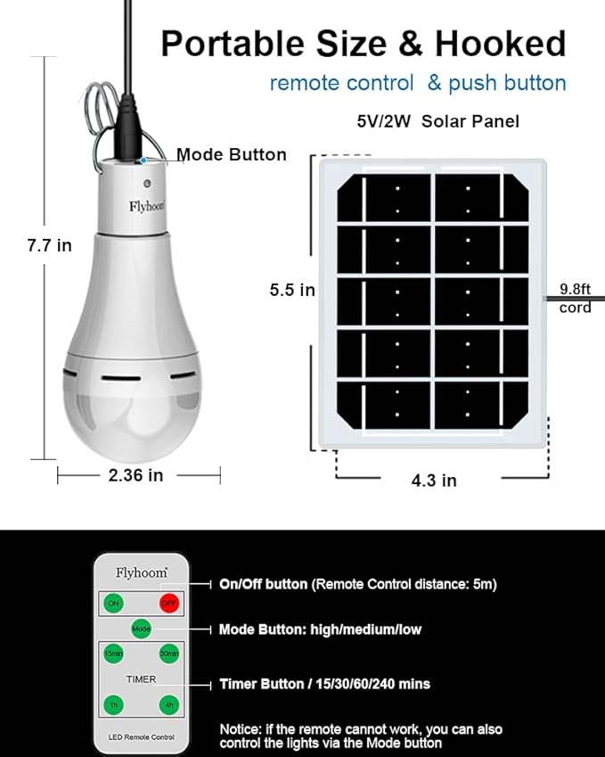 Portable Solar Light Bulbs for Indoor Home and Chicken Coop, Chicken Coop Light with Timer, LED Solar Lights for Indoor Emergency Power Outage