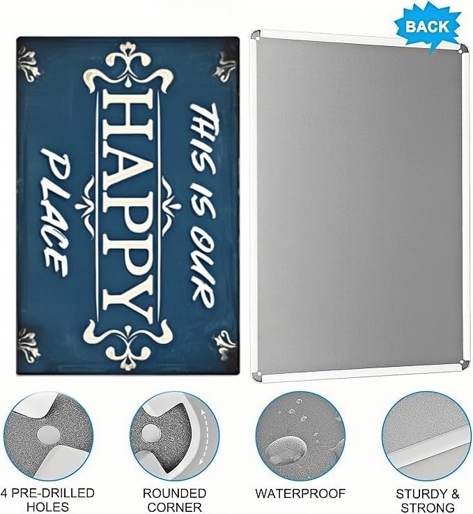 Vintage "This Is Our Happy Place" Sign – Metal Decorative Plaque for Home, Kitchen, Bedroom, Cafe, and Park – 8x12 Inches