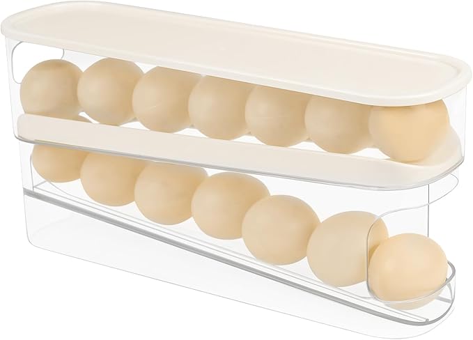 Automatic Roll Down Egg Dispenser for Refrigerator Organizer with Lid, 12-Count Double Layer Rolling Egg Holder for Fridge Storage (1PCS)