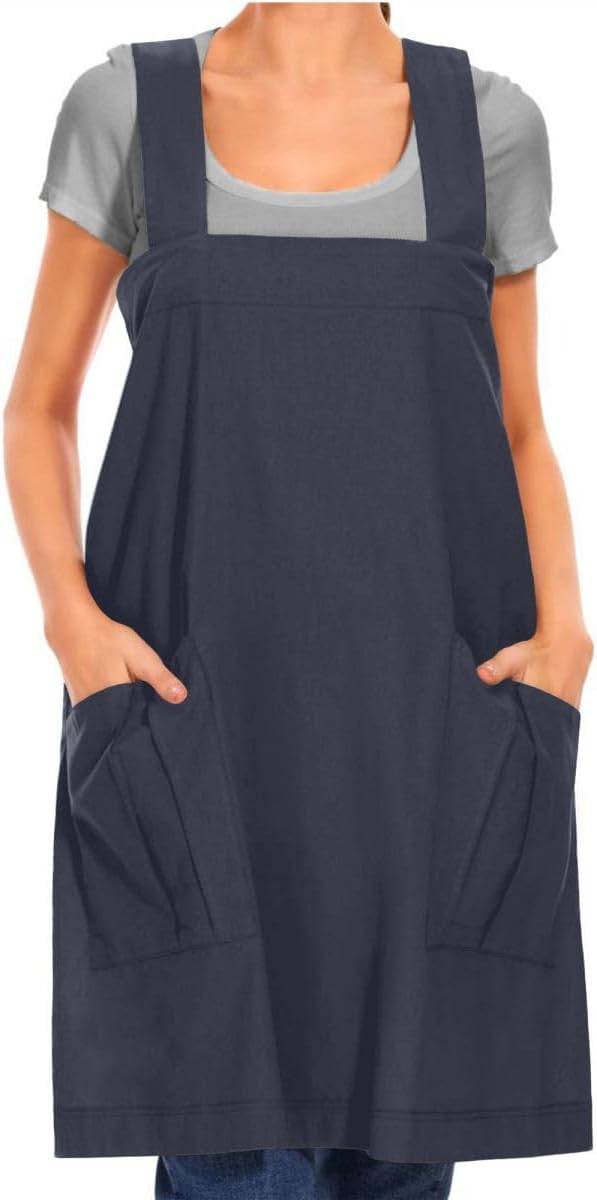 Larmliss Women's Cotton Cross Back Apron Pinafore Dress with Big Pockets Loose Square Apron for Baking Cooking Gardening