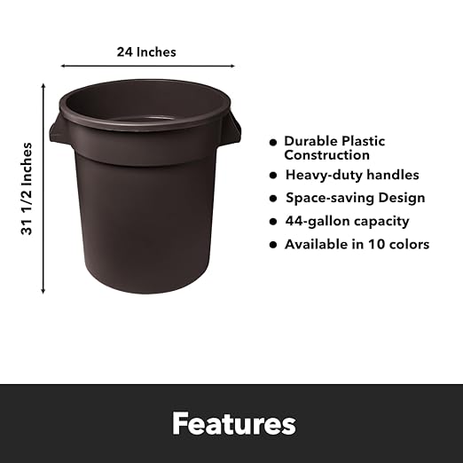 Feed and Seed Storage Container, 44 Gallon Brown Round Commercial Trash Can/Ingredient Bin, Food Storage Plastic Bin, Use in Agricultural, Gardening, or Household