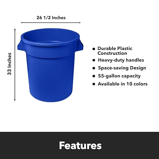 Feed and Seed Storage Container, 55 Gallon Blue Round Commercial Trash Can and Lid, Food Storage Plastic Bin, Use in Agricultural, Gardening, or Household
