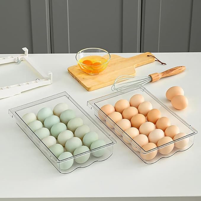 Egg Holder for Refrigerator, Fridge Egg Storage Tray, Clear Plastic Egg Drawer for Refrigerator, Space Saver Egg Storage Container & Organizer