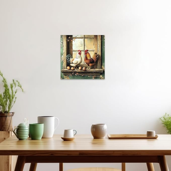 CCWORKERRY Chicken Kitchen Pictures Wall Art Rooster and Eggs Canvas Prints Farm Animals Wall Decor for Farmhouse Dining Room Decor Framed(Brown,24" x 24")