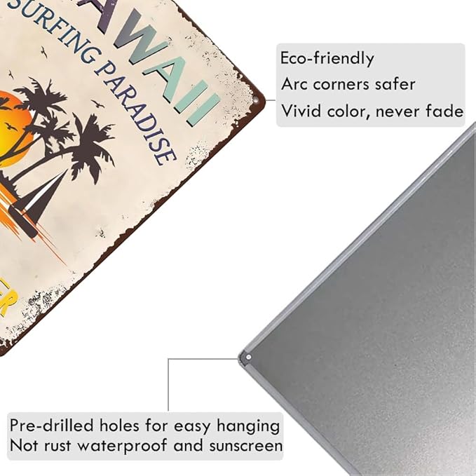 Hawaii Surfing Paradise Endless Summer Vintage Metal Sign,Summer Beach Decor Rustic Tin Signs Metal Poster for Garden Home Farm Bars Cafes Indoor Outdoor Decor 8x12 Inches