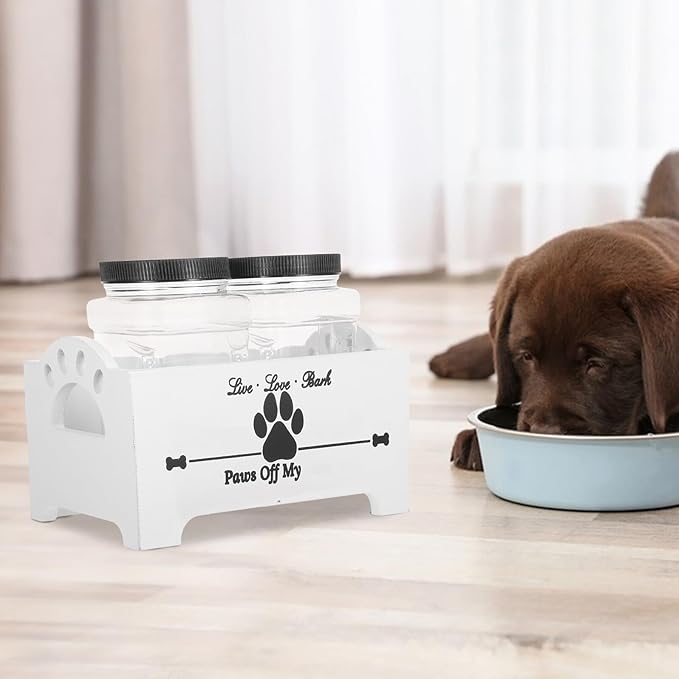 Mipcase Wooden Dog Food Storage Box with Airtight Jars, Treat Container Set for Countertop, Farmhouse Style Dog Treat Holder with Divided Compartments, White Wood for Home Pet Food
