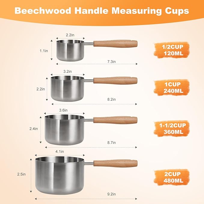 2PCS 1-1/2Cup(360ml | 12oz) Dog Cat Food Scoop, 18/8(304) Stainless Steel Measuring Cup with Wooden Handle, Etched Measurements Inside, BPA Free Portion Control for Pets & Kitchen Use