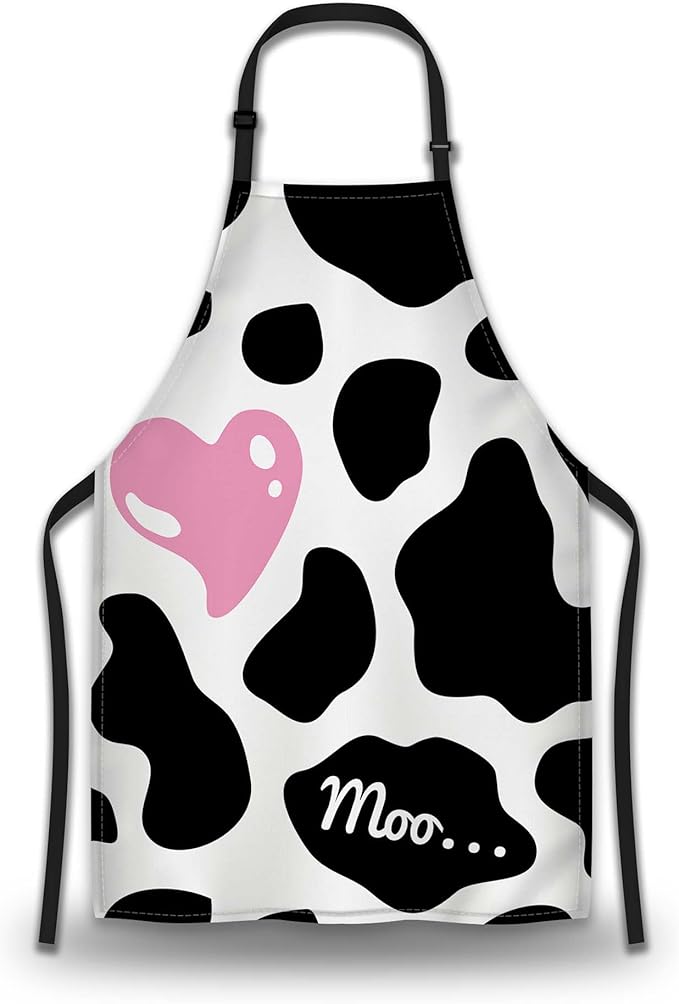 Chef Apron for Men Black and White Cow Print Love Heart Fun Aprons for Women for Kitchen Cooking Restaurant BBQ Painting Crafting 27” (W) x 31” (H), Waterproof Aprons