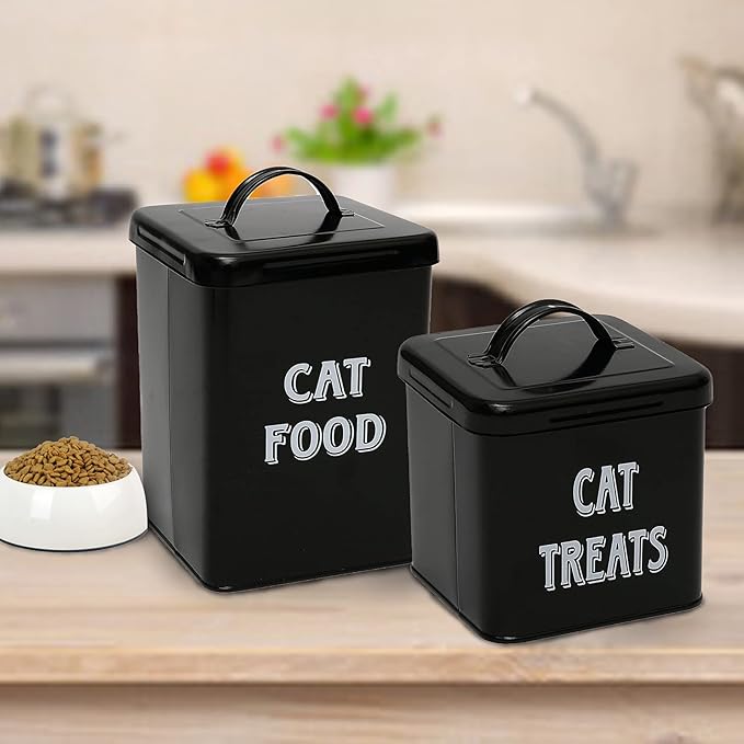 Morezi Cat Food Storage Container Farmhouse Pet Food Treats holder with Lid and Scoop, Perfect Sturdy Canister Tins for Kitchen Countertop, Shelf, Great Gift for Pet Owners - Cat Food - Black