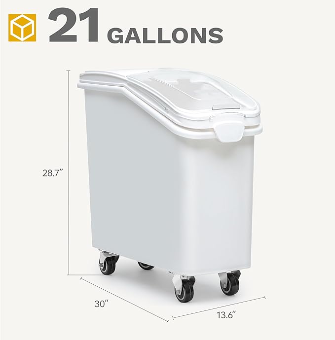 DWVO 21 Gal Large Ingredient Storage Bin, Flour Rice Food Storage Containers Bin with 500 Cups, Commercial Bins with 360° Wheels, Scoop and Lid for Kitchen, White