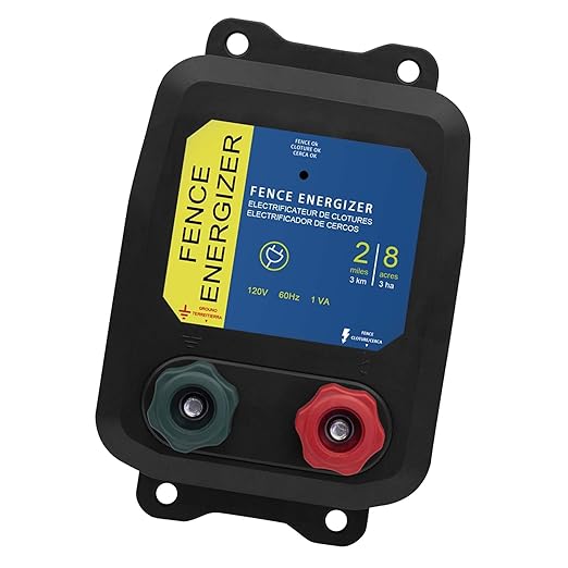 PE2 Electric Fence Energizer for Contain Small Animals, Keep Out Pests and Predators, 8 Acres/2-Mile Output Voltage 5000V, 0.1 Joule,with 17 Gauge Aluminum Wire