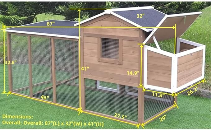 Large 87" Wood Chicken Coop Backyard Hen House 4-6 Chickens Nesting Box & Run