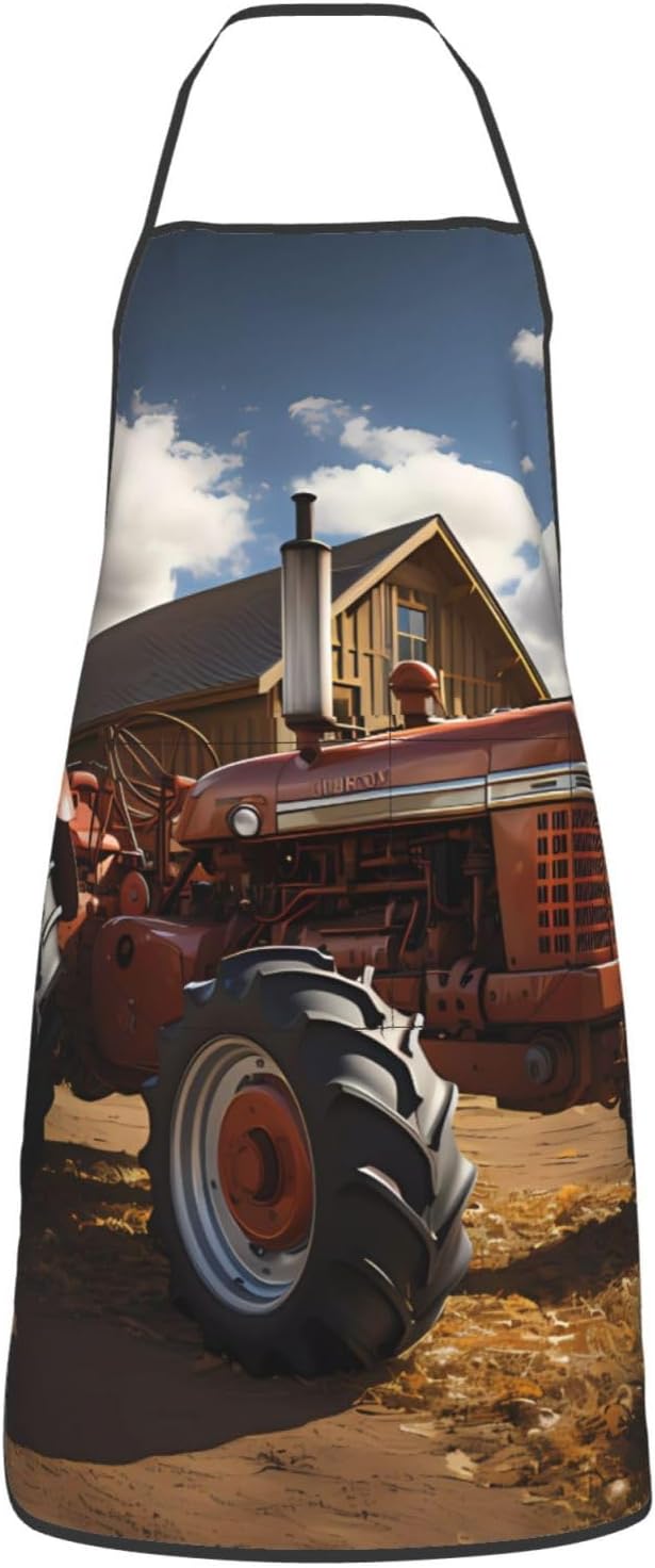 Red Tractor Kitchen apron with one pocket, oil and stain resistant, unisex, adjustable.
