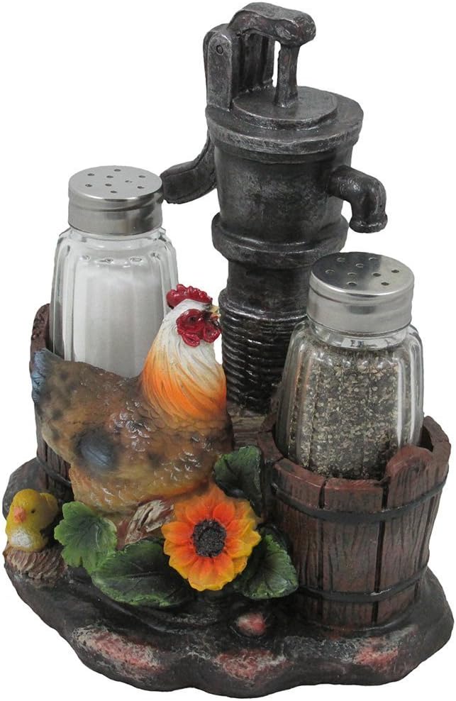 Farm Chicken and Old Fashioned Water Pump Glass Salt and Pepper Shaker Set with Holder Figurine in Country Kitchen Rooster Decor, Sculptures and Statues and Rustic Gifts for Farmers