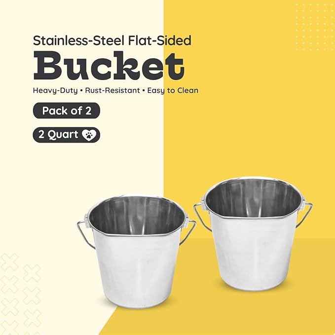 Flat Side Stainless Steel Bucket 9 Quart Hanging Feeding Utility Pail for XL Dog Goat Sheep Horse Livestock, Fits Kennel Cage Farm, Heavy Duty Food & Water Feeder, 2.25Gallon Silver 2Pack