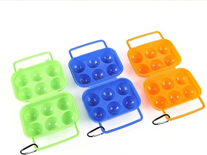 Pack of 3 Plastic Portable Camping Egg Carrier With D Buckle - 6 Eggs Capacity, Kitchen Storage Box, Tray Carriage Dispenser for Refrigerator