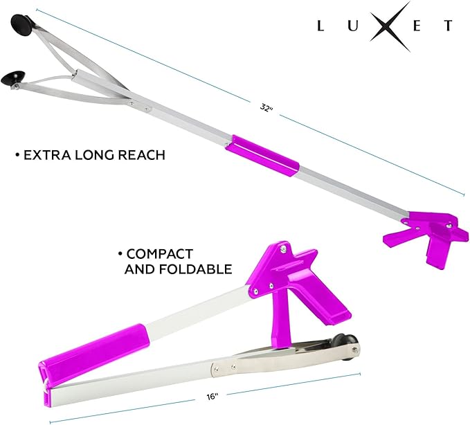 Grabber Tool 32" Suction Cup Grip Heavy Duty Aluminum Claw, Lightweight Foldable Reacher Grabber Pickup Tool, Gripper Grabbers for Elderly Grab it Reaching Tool Trash Picker Grabber, Pink, by Luxet