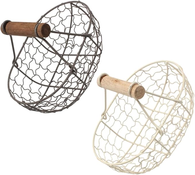 VICASKY 2pcs Retro Vintage Wire Storage Baskets with Wooden Handles, Farmhouse Style Metal Fruit and Egg Collecting Basket Set for Kitchen and Household Organization