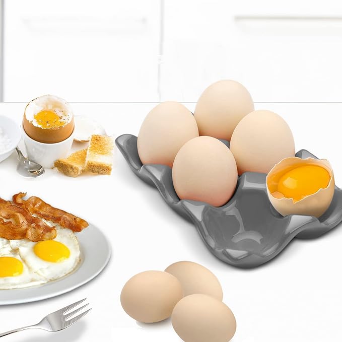 Flexzion Ceramic Egg Holder for Fridge - 6 Cups Egg Tray Half Dozen Porcelain Container Keeper Storage Organizer Decorative Serving Dish Serveware for Refrigerator Countertop Display Kitchen (Gray)