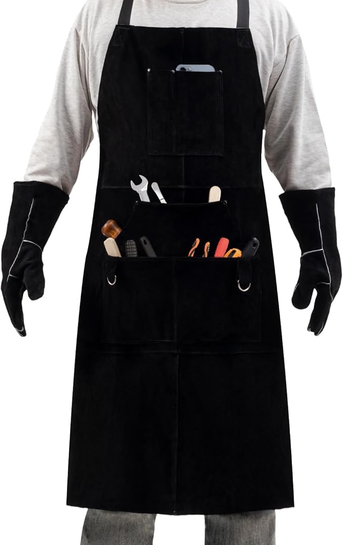 eletecpro Heavy Duty Leather Welding Apron Genuine Cowhide Flame & Heat Resistant Adjustable 42Lx24W with 6 Tool Pockets and Gloves for Mechanic, BBQ, Woodworking, Gardening, Men & Women Gift, Black