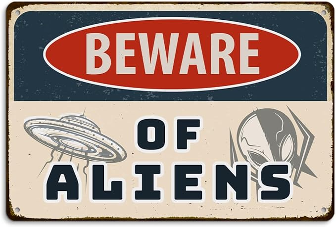 Alien Gifts Vintage Alien Decor Beware of Aliens Funny Aluminium Plate Signs for Home Bedroom Garage Man Cave Shed Indoor&Outdoor Wall Art Decorations Metal Signs