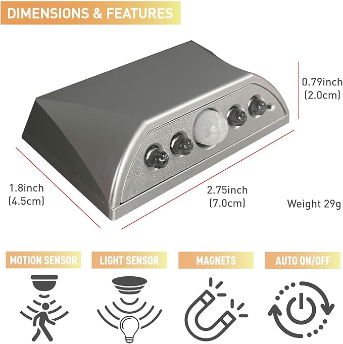 Silver Motion Sensor Keyhole Light - Automatic on/Off Infrared LED, Suitable for Front Doors, corridors, Stairs in The Dark | 3-Way Installation （Magnetic Suction、Adhesive and Screw）