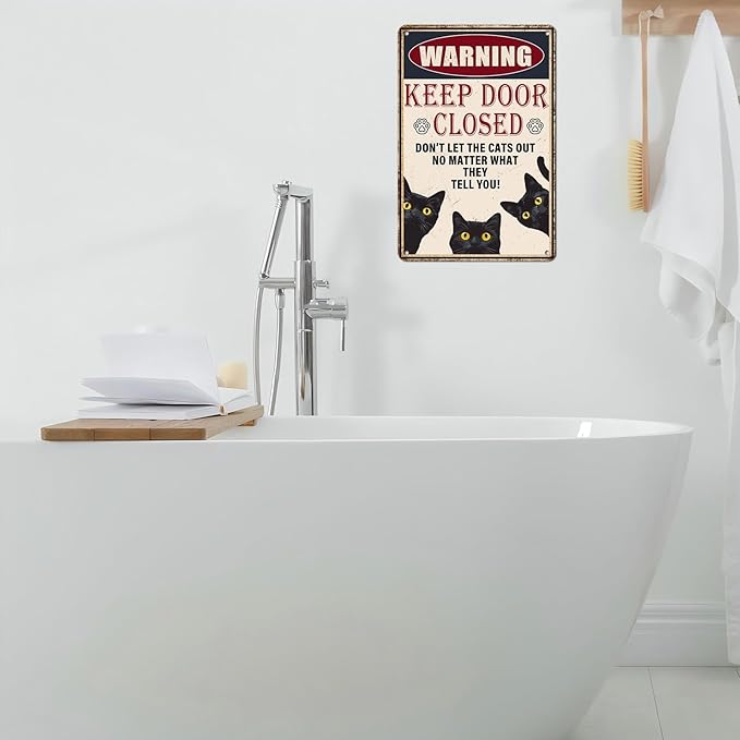 Retro Black Cat Metal Tin Sign Keep Door Closed Sign Funny for Home House Farmhouse Fence House Wall Gate 12 * 8inch
