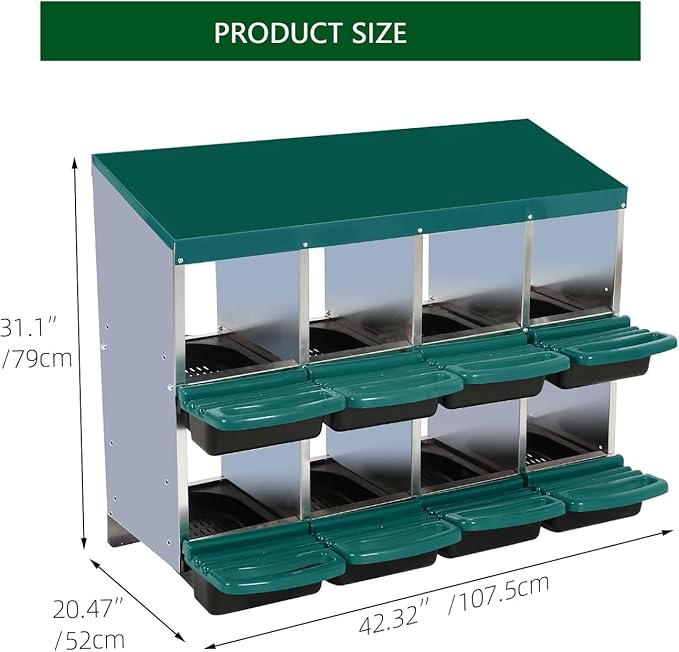 Chicken Nesting Boxes, 8 Holes Metal Chicken Egg Laying Box with Swing Perch and Rollout Egg Collection,for Various Chicken Breeds Without Stand - Green 0.8mm