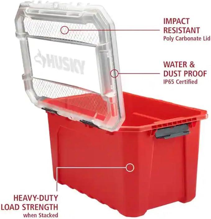 Professional Heavy Duty Waterproof Stackable Plastic Storage Container with Hinged Lid, Red, Rectangular, (20 Gal)