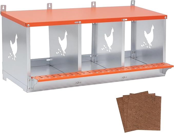 Chicken Nesting Boxes, 3-Bay Metal Nest Box with Vented Galvanized Steel Coop Equipment Wall Mount for Hens Ducks Poultry, Easy Egg Collection & Assembly, Orange (3 Compartment)