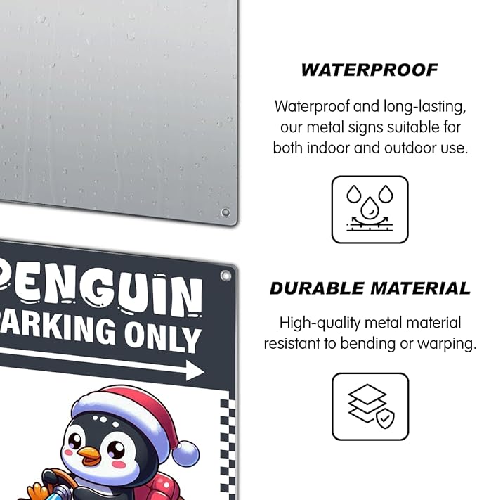 Penguin Parking Only Sign Metal 8 x 12 Inch Christmas Decor With Santa Hat Sled Design For Lovers Kids Room Winter Decoration Vintage Art Wall Home