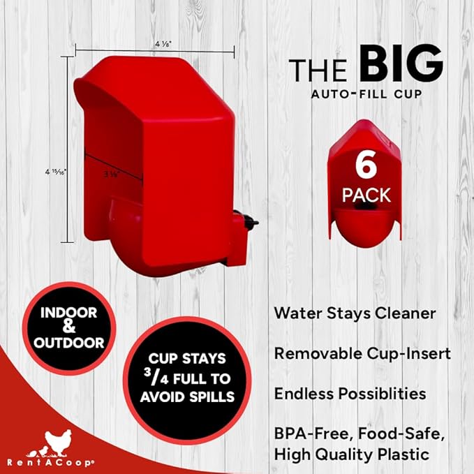 RentACoop DIY Waterer Kit - Auto-Fill Big Cups with Inserts - Great for Chickens, Ducks, Geese, and Turkeys- 6 Pack with Inserts and Anti-Dirt Cup Covers