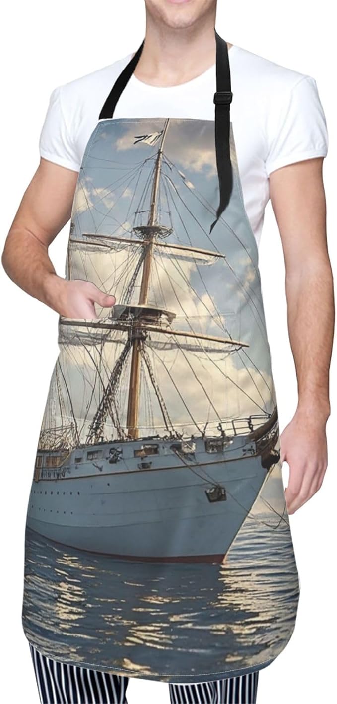 Waterproof Apron Adjustable Bib for Women Men Vintage Nautical White Ship Cooking Aprons Chef Bibs with 2 Pocket