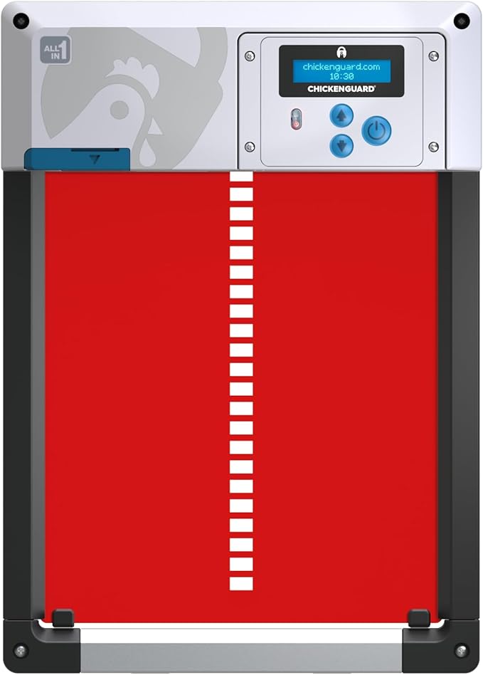 Automatic Chicken Coop Door Opener, ChickenGuard One in All 4 Colours, Timer/Light Sensing, Winter Mode, Auto-Stop & Predator Proof, 3 Power Options, Solar, Battery or Electric (Red + Batteries)