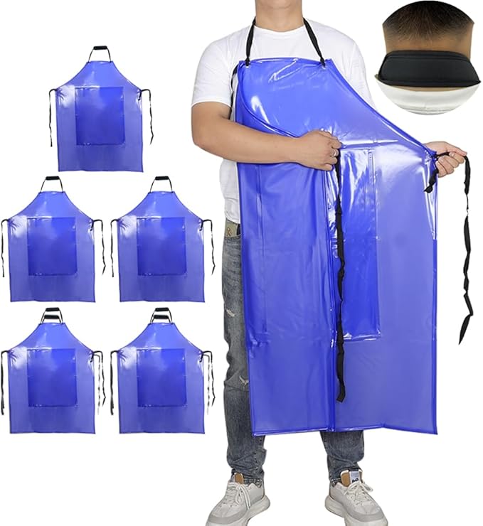 Waterproof Rubber Vinyl Work Apron -42.5" x 33.8" Plus Size Double Reinforced Chemical Resistant PVC Blue Bib Apron