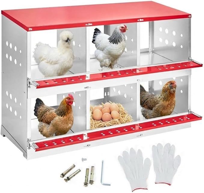 Heavy Duty Metal Chicken Nesting Box – 6 Compartments, Vented Holes, Swing Perch, Rollaway Egg Laying Box, Pull-Out Tray, Wall Mount, for Coops, Without Cover-Red, 96×48×71cm