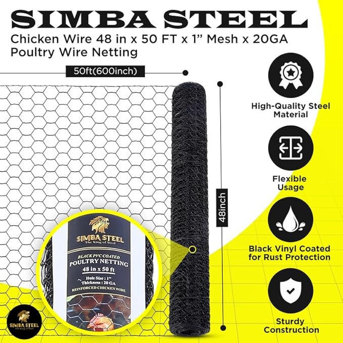 48” x 50 FT PVC Hexagonal Poultry Netting Chicken Wire | 1" Mesh | 20 Gauge | Black PVC Vinyl Coated | Rust Proof | for Garden, Fence, Chicken, Rabbit, Pet Enclosures