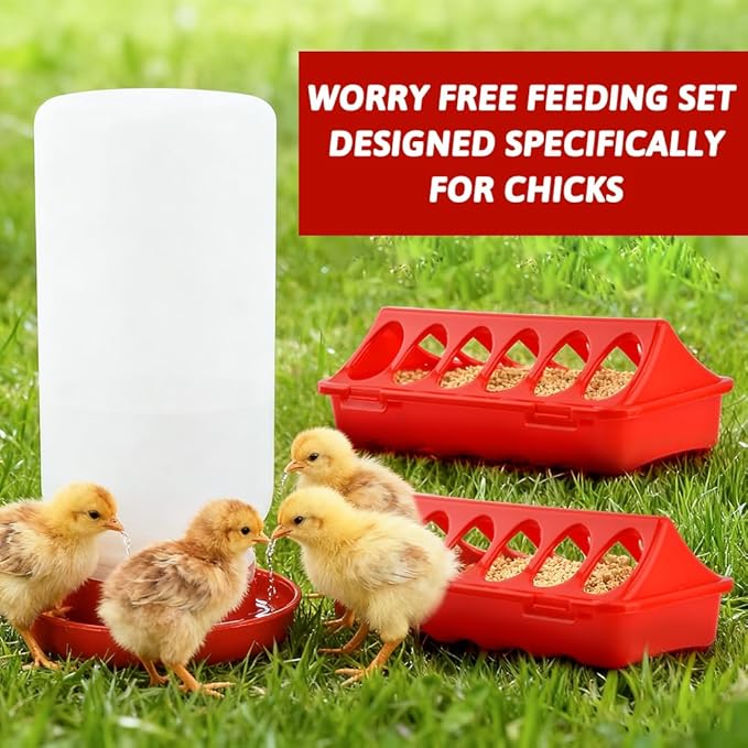 Chick Feeder and Waterer Kit, 3×12-Hole Anti-Spill Trough Feeders & 1 Automatic Waterer, Baby Chick Starter Kit for Chicks Ducklings Quail & Small Poultry(Red,Size:/)