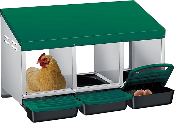 Chicken Nesting Box, 3 Compartment Roll Away Design for High-Volume Egg Collection and Easy Wall Mounting with Metal Legs