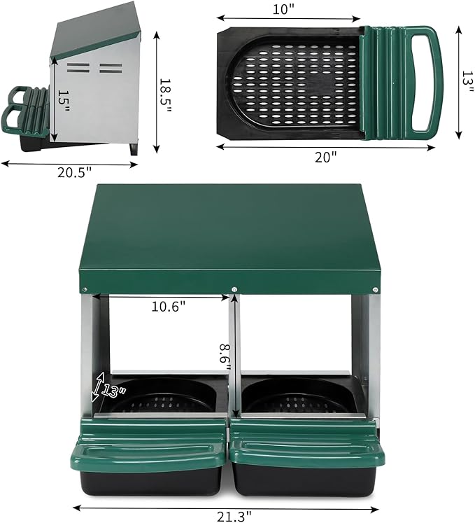 Chicken Nesting Boxes Plastic with Roll Away Egg,2 Compartment Roll Out Chicken Nest Box Egg Laying Box with Lid Cover,Rolling Egg Collection & Protection Chicken Coop for Up to 2 Hens,Green